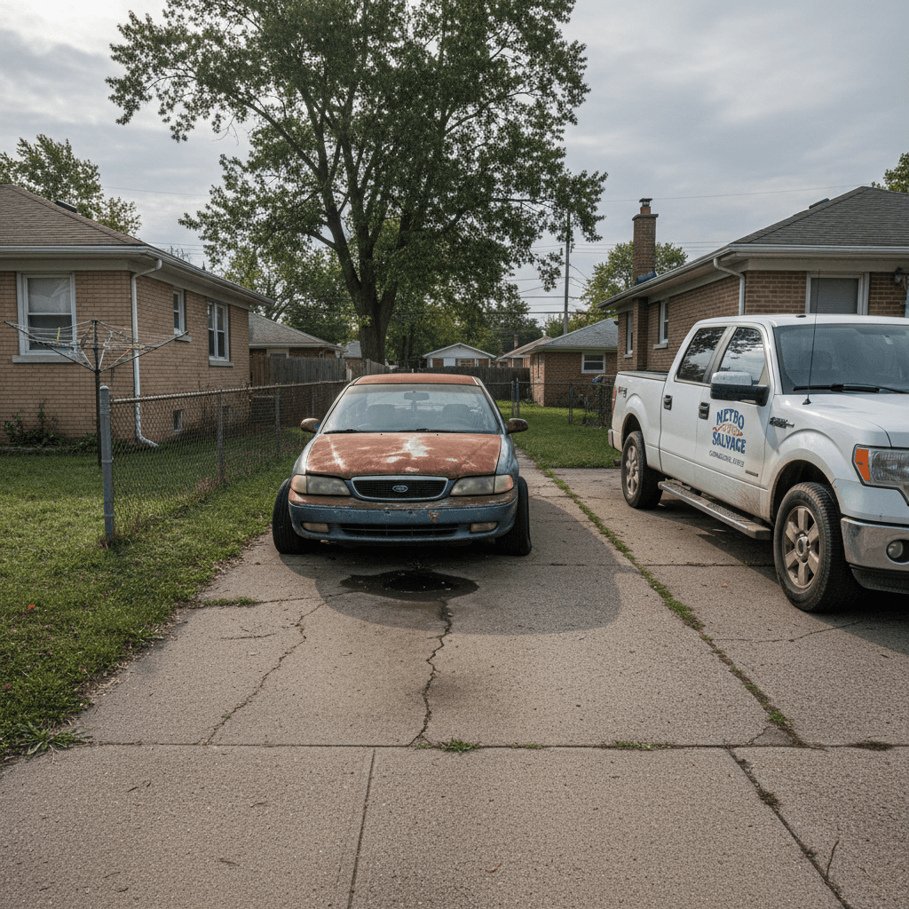 Junk car in a Detroit driveway before pickup