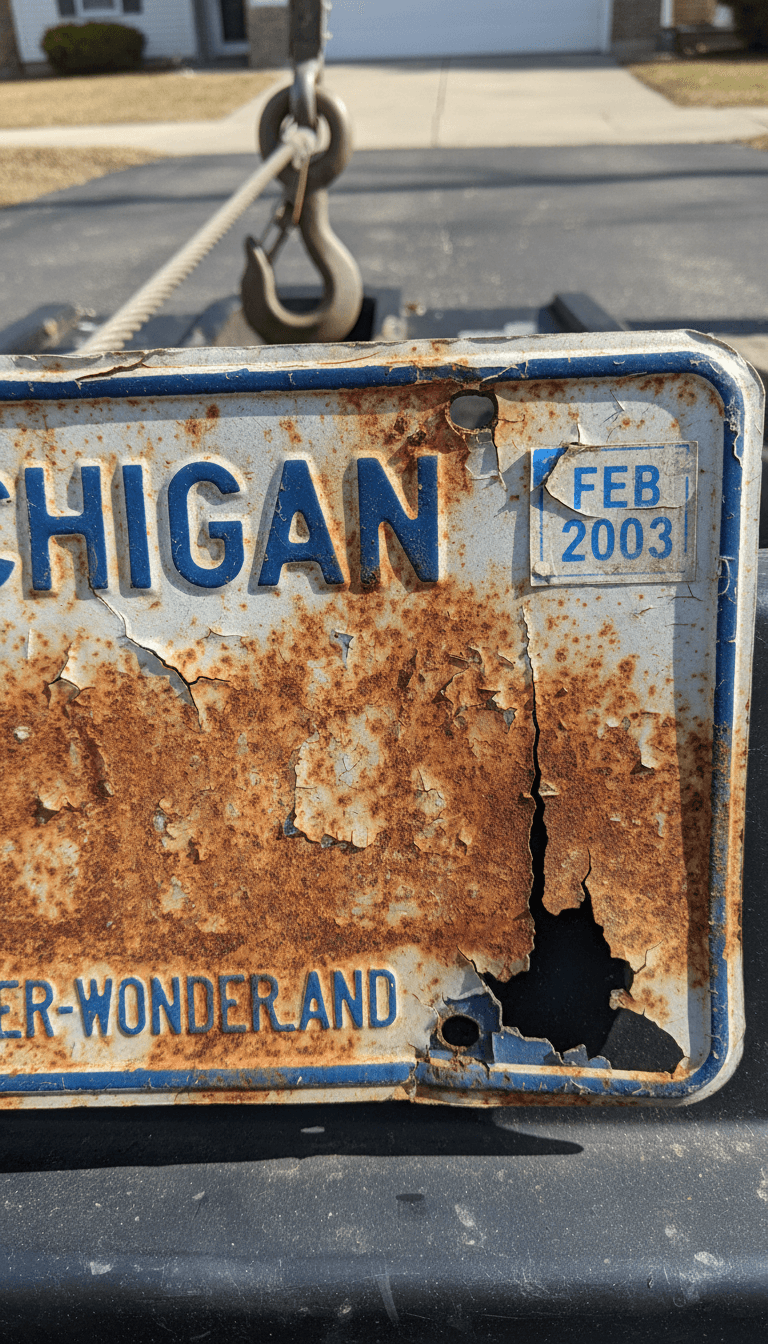 Close-up of a rusted license plate on a junk car in a driveway, showing wear and peeling paint