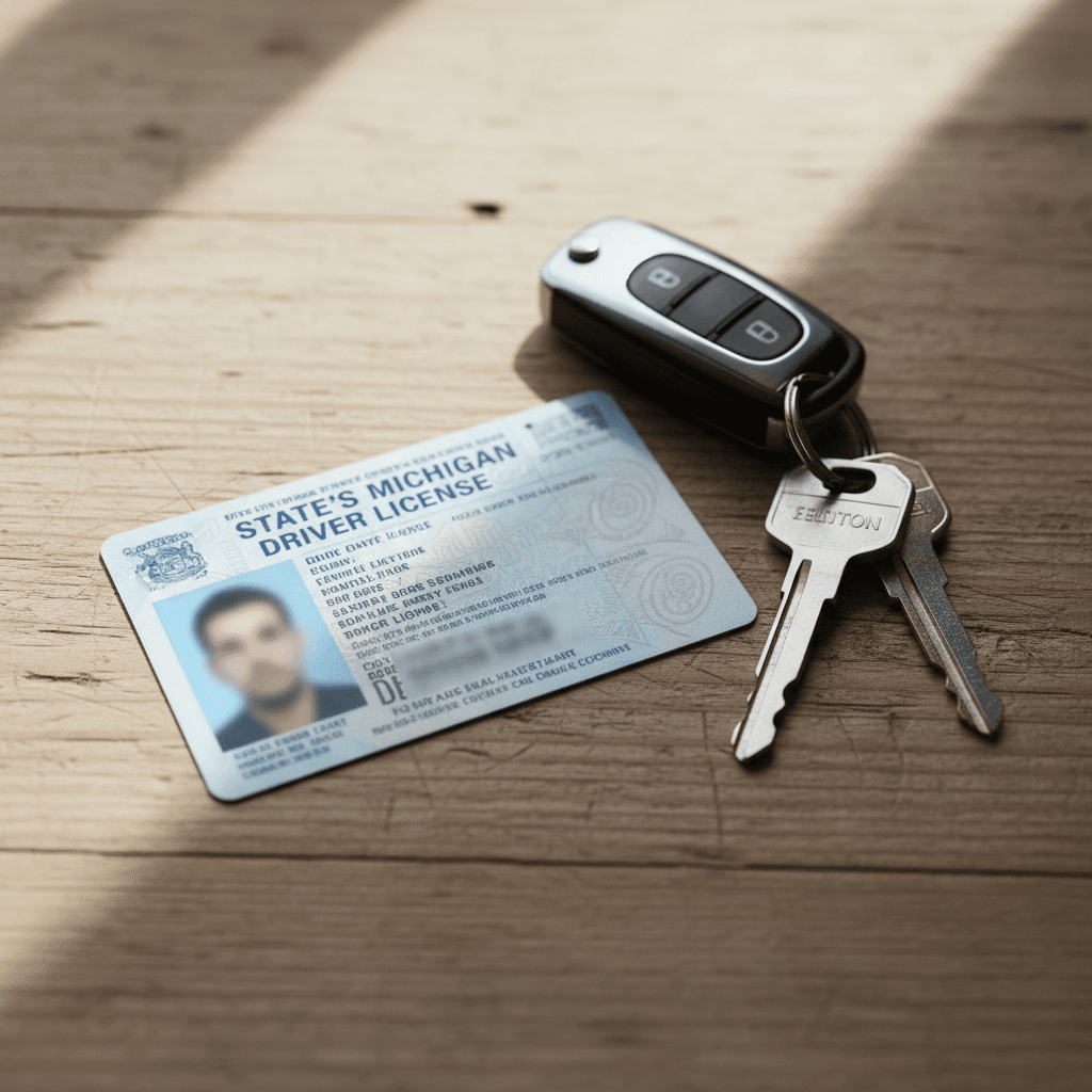 Michigan driver's license and car keys on a wooden table
