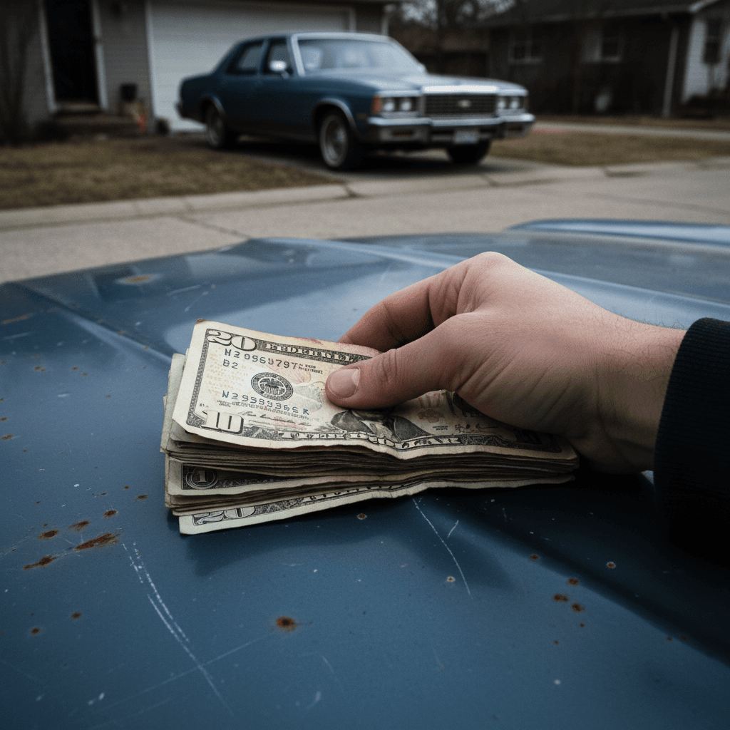 Hand holding cash against a car hood