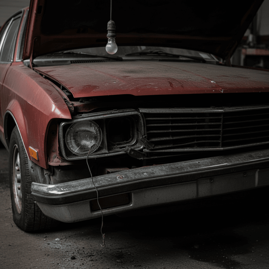 Damaged front end of a junk car