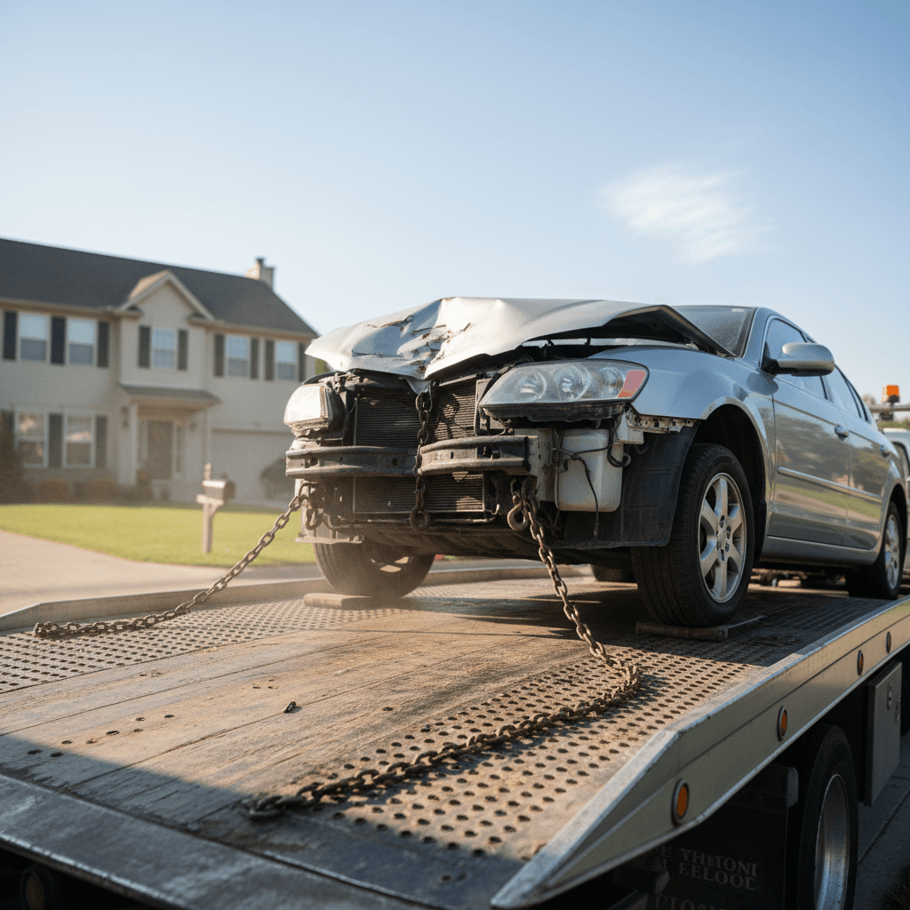 Flatbed tow truck loading a damaged car in a suburban driveway