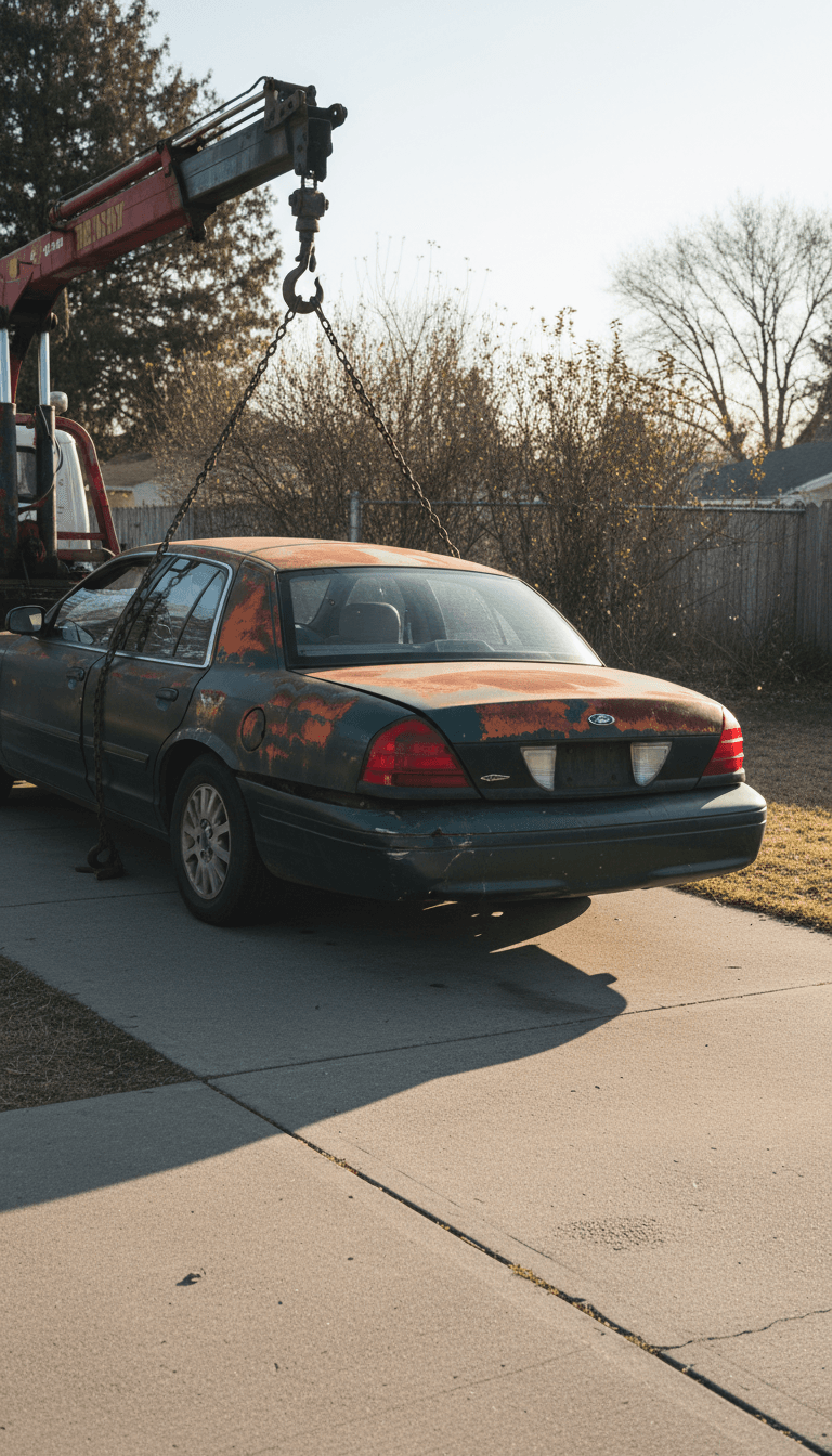 Flatbed tow truck hooking up a junk sedan in a residential driveway