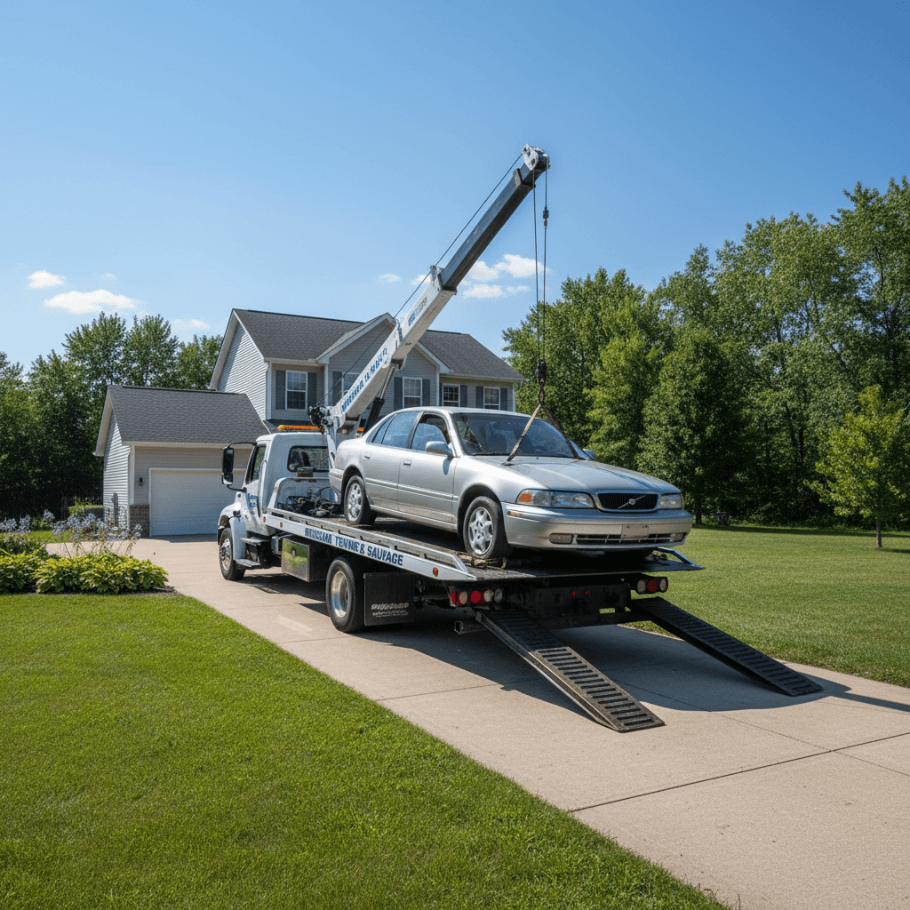 Junk car being winched onto a tow truck bed