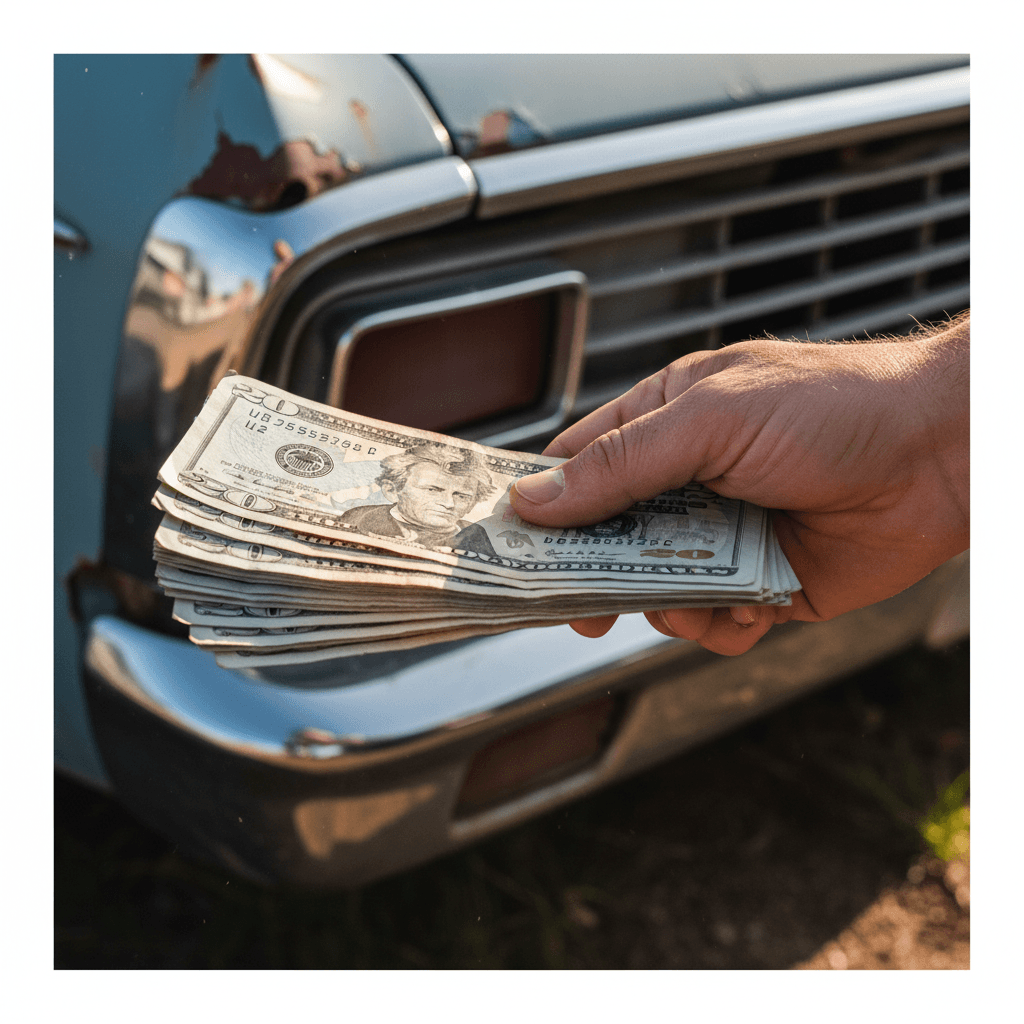 Hand exchanging cash for a junk car at pickup