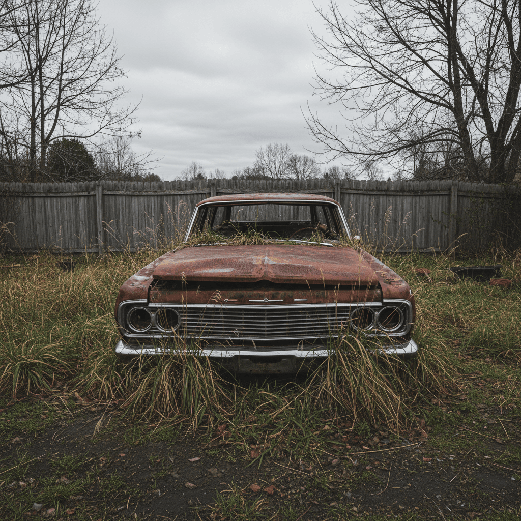 Rusted non-running car parked in a backyard