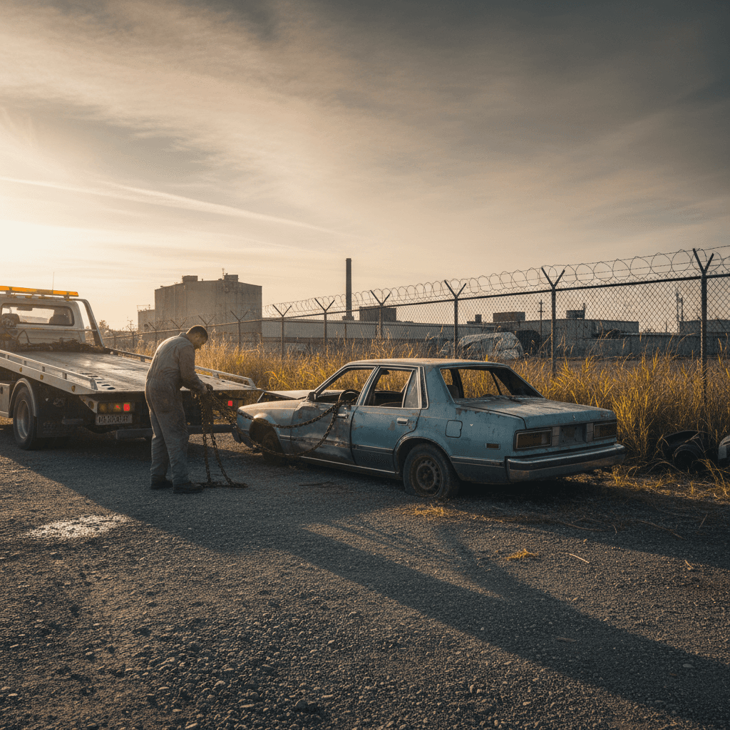 Loading a junk car onto a tow truck