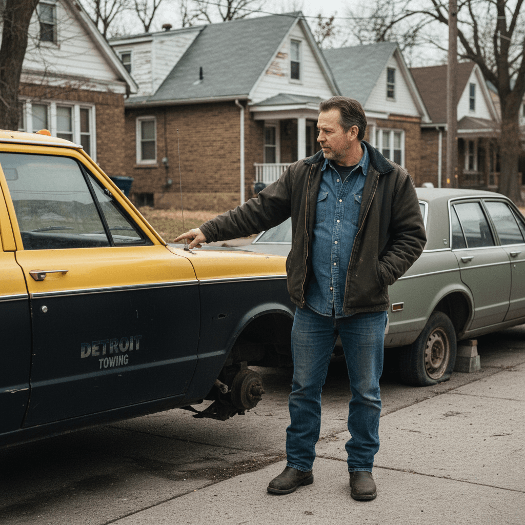 Man in work jacket standing by a tow truck examining a junk car
