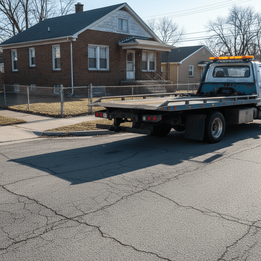 Flatbed tow truck arriving in a residential neighborhood