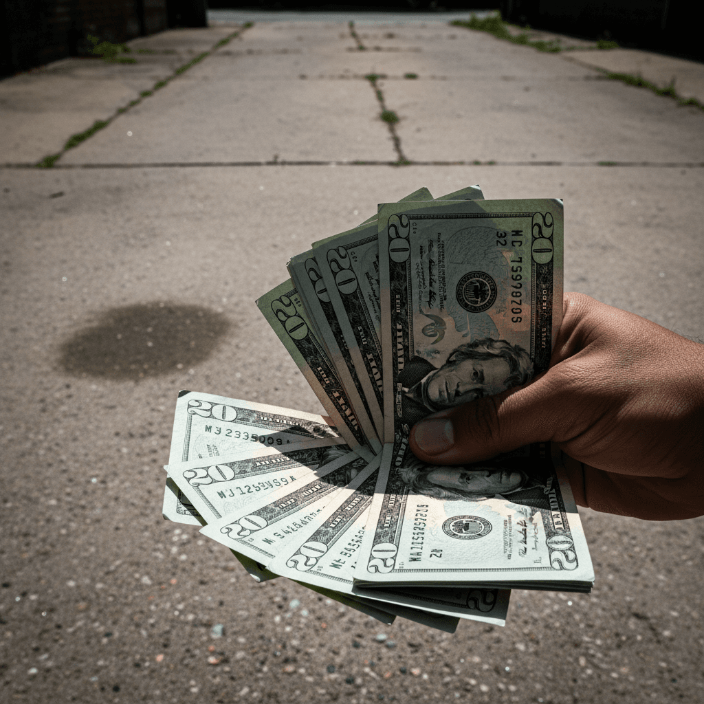 Hand holding cash fan of twenty-dollar bills in front of a concrete driveway