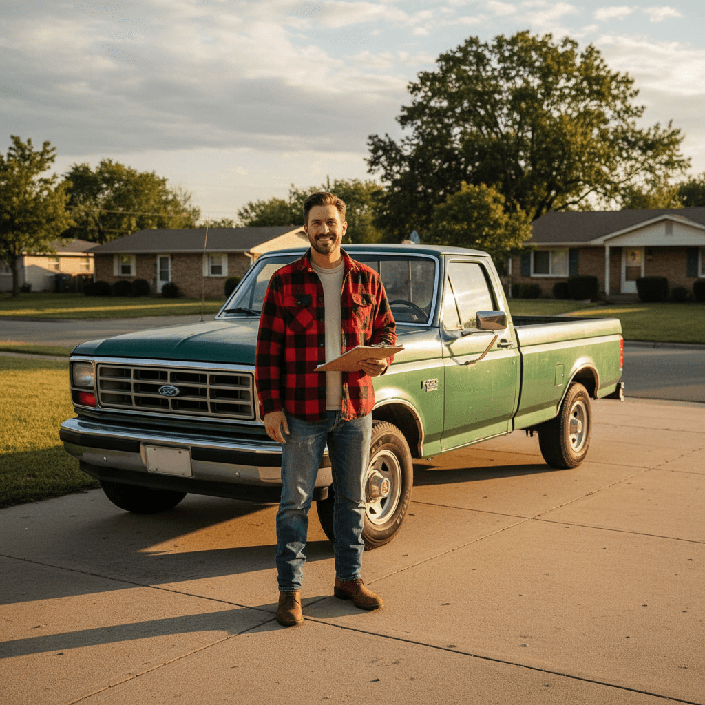 Local car buyer standing beside a pickup truck