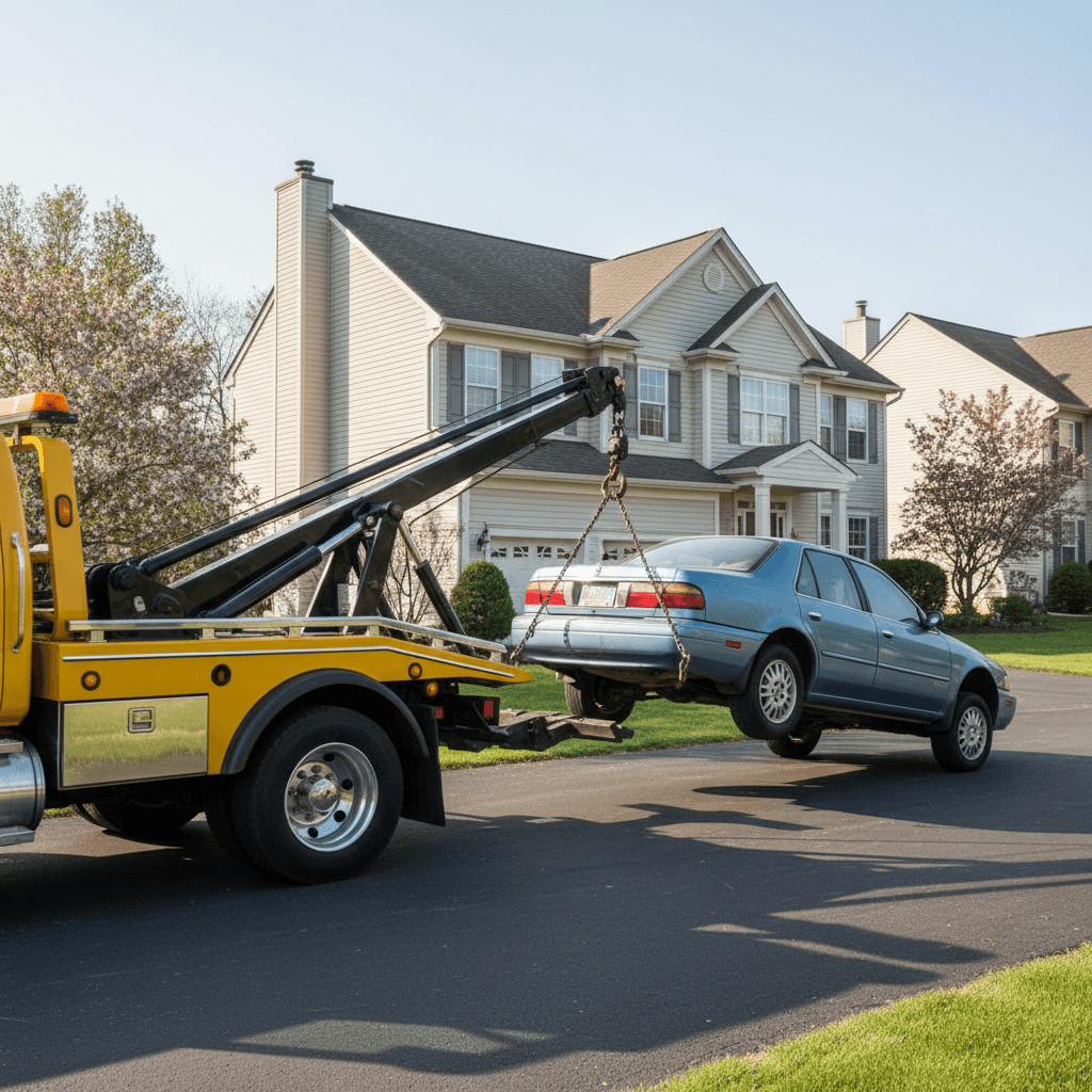 Tow truck hooking up a car for same-day pickup