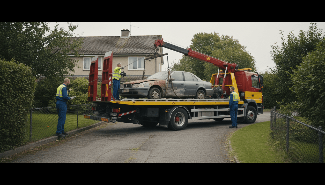 Tow truck loading a junk car on a Detroit street
