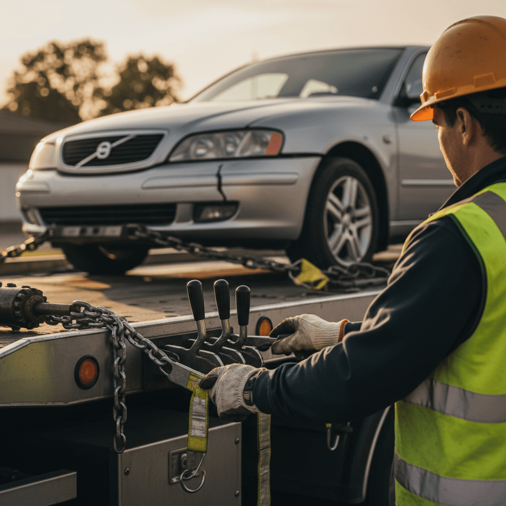 Tow truck preparing to haul away a wrecked car at dusk