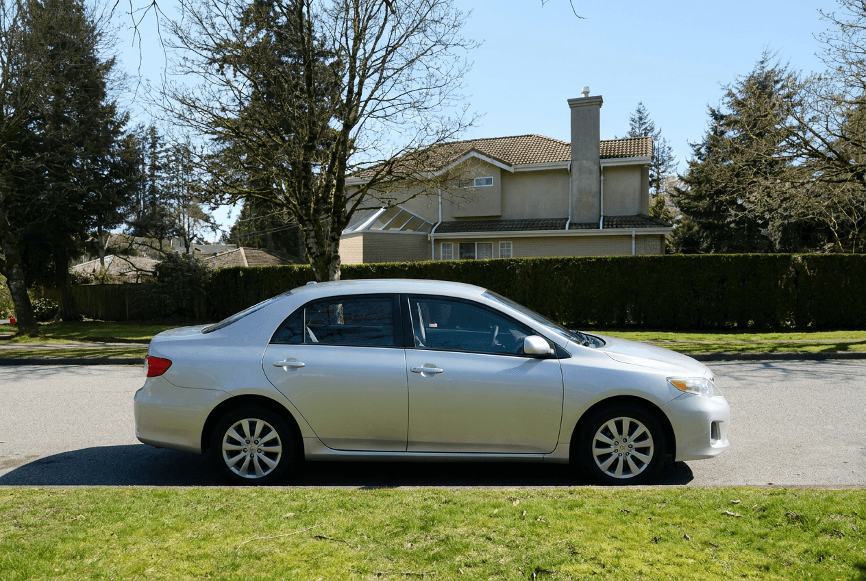 Severely damaged car in a driveway
